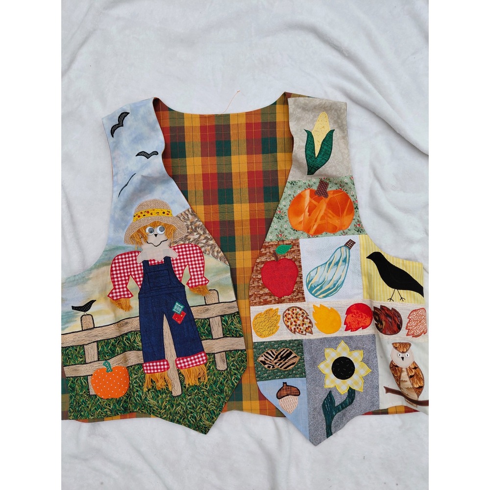 Handmade Fall Harvest Patchwork Vest Scarecrow Pumpkin Owl Plaid Women XL